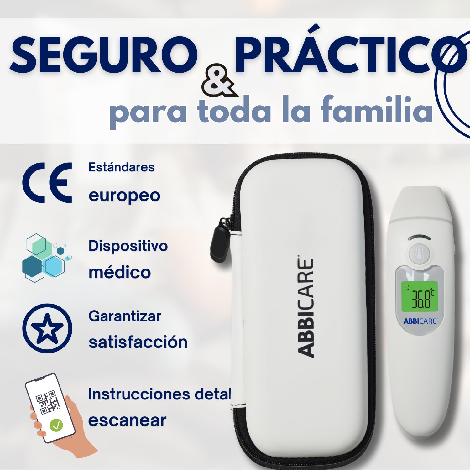 Termometro digital frontal y auricular ABBICARE™ con estuche | Modo especial bebé preciso y rápido en 1 segundo sin contacto multifuncional | termómetros médicos profesionales infrarrojos