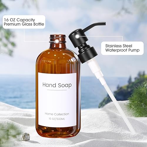 Miniatura 3 de Dispensador de jabón de vidrio de diseño antiguo dispensador de jabón de primera calidad para cocina con bandeja de bambú de bomba impermeable, para