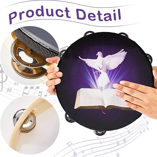 Miniatura 3 de Boao 6 Pack 6 8 10 in Dove Bible Double Row Jingle Tambourine for Adults Tambourine Hand Bell Double Row Jingles Music Percussion Church Percussion