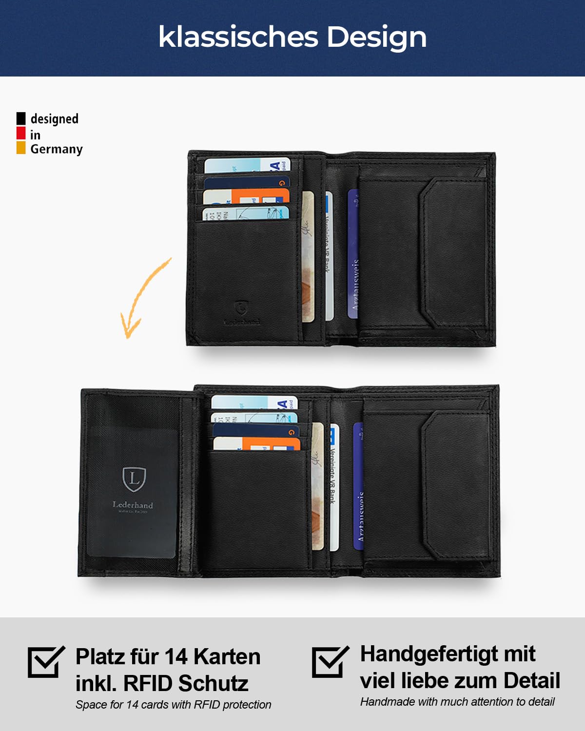 Lederhand iClassy Hochformat - Echtleder Geldbörse handgemacht und doppelt genäht Portemonnaie mit Münzfach und Platz für 13 Karten + 1 Sichtfach - Geschenk | (Schwarz Nappa)