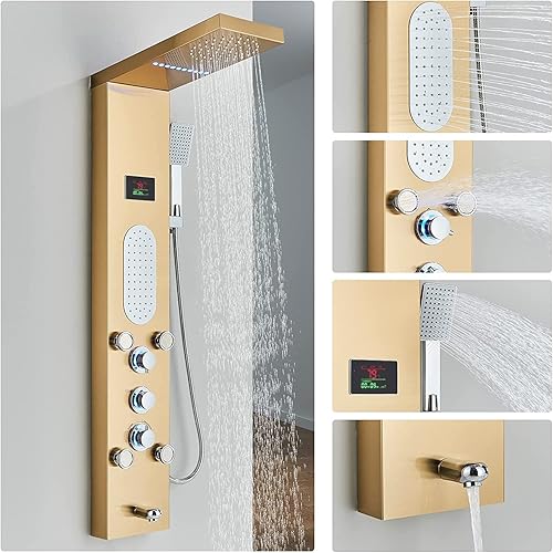 Miniatura 2 de ELLO&ALLO Sistema de torre de panel de ducha LED, cabezal de lluvia y niebla, accesorios de ducha de acero inoxidable con chorros de cuerpo