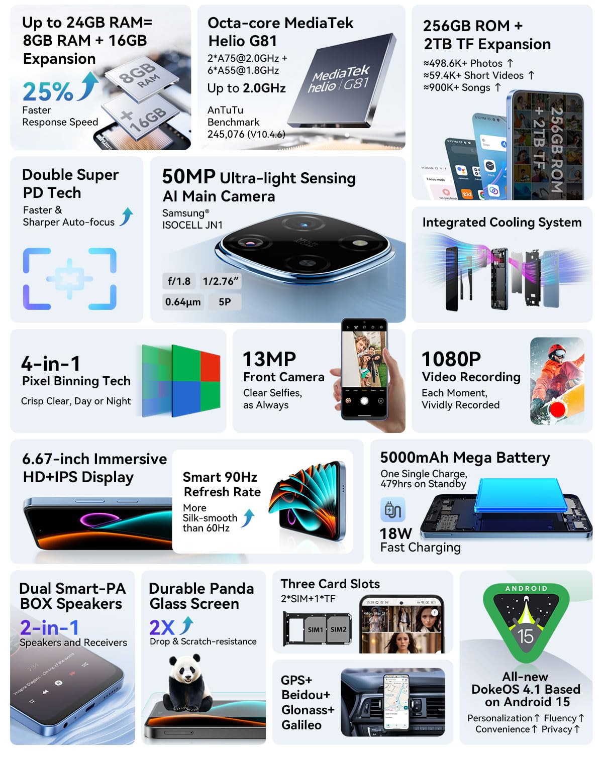 Blackview Color 6 AI Smartphone, 24GB+256GB, Fotocamera 50MP+13MP, 6,67" HD+, 3 Slot per Schede, Telefono Cellulare Android 15, Ricarica Rapida 18W, Altoparlante Smart-K Box, Doke AI App, GPS Bianco