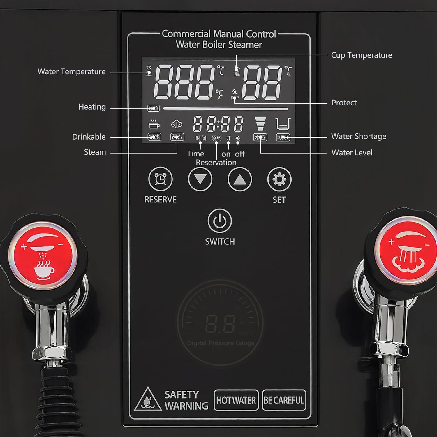 3000W Commercial Milk Frother, 12L/3.2Gal 304 Stainless Steel Water Boiler Steam Boiling Water Machine, Milk Frothing Machine W/LED Display for Cafe, Coffee Shop, IPX3 Waterproof (Black)