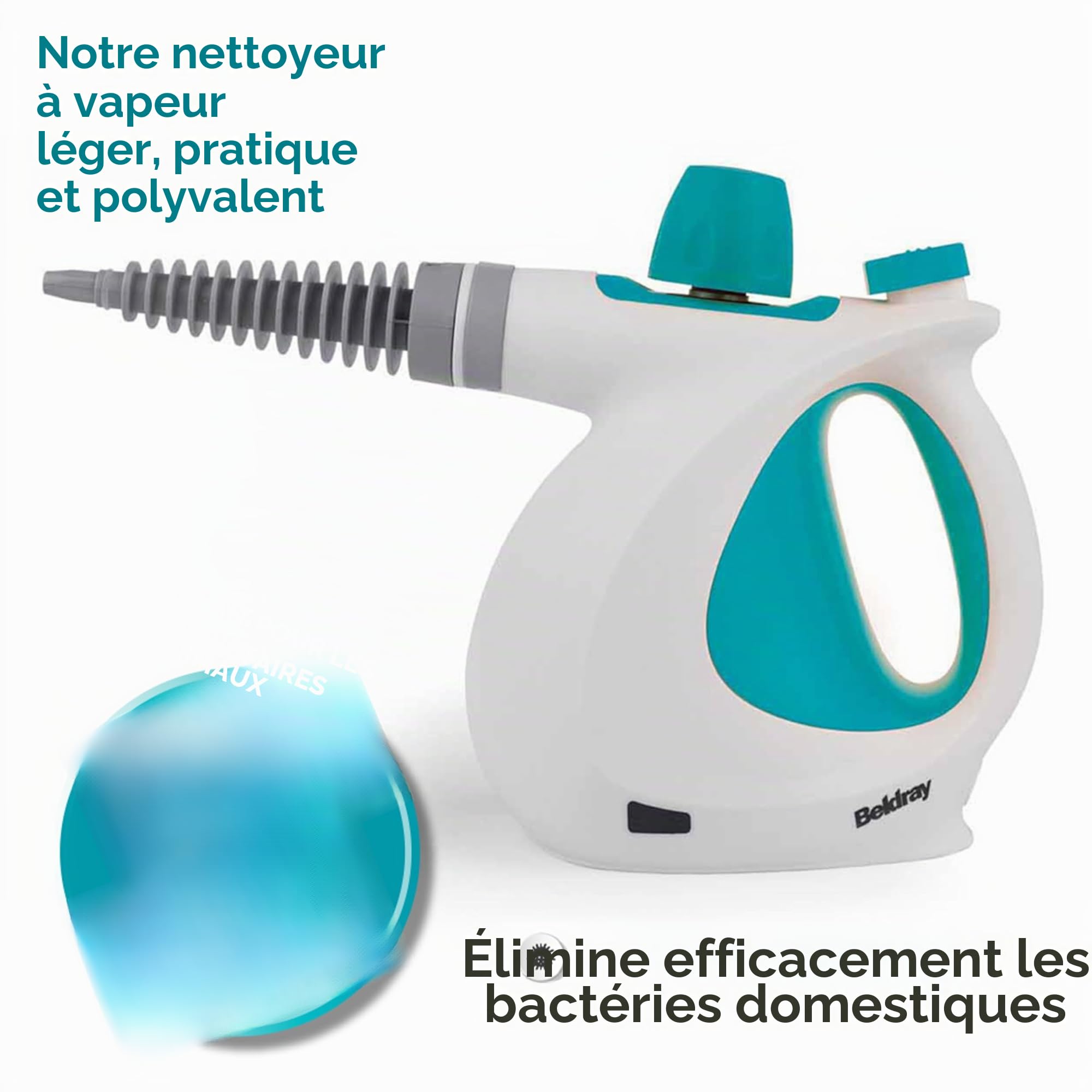 Beldray Nettoyeur Vapeur à Main 10-en-1 , Prise EU, Nettoyage et Désinfection Vapeur Multifonctionnel, Réservoir d'Eau de 250ml, Accessoires Nettoyage pour Rideaux, Salle de Bain, Cuisine etc, 1000W