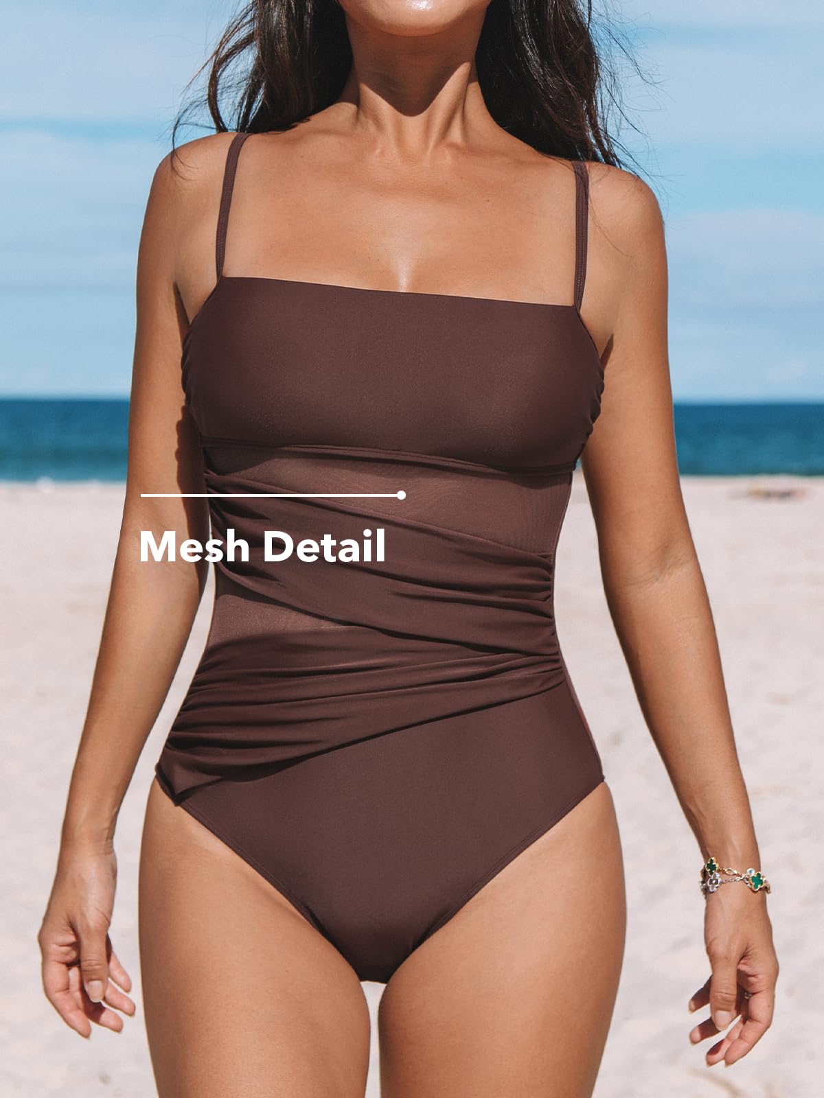 CUPSHE Badeanzug Damen Bauchweg Mesh Figurformend Bademode | Quadratischer Ausschnitt,Verstellbare Träger,Bequeme Passform, Mittlere Bedeckung, Für Strand und Pool