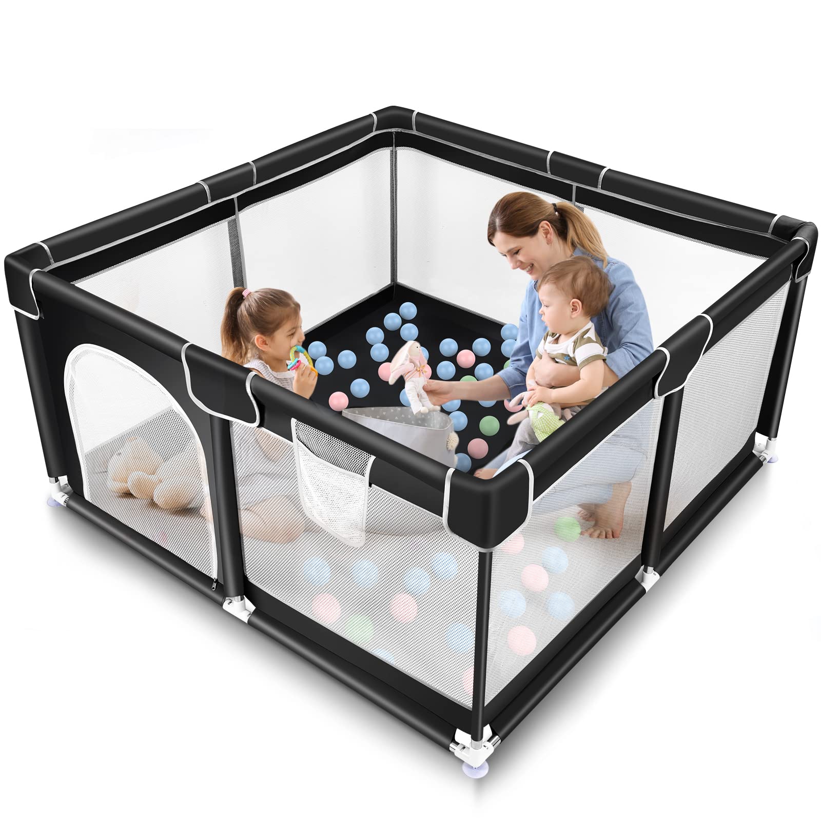 Tmsene Baby Playpen, Play Pens for Babies and Toddlers, Indoor & Outdoor Playard for Kids Activity Center, Sturdy Safety Baby Fence with Breathable Mesh, Black