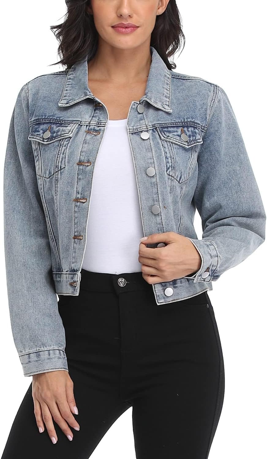 andy & natalie Women’s Denim Jackets Cropped Long Sleeve Basic Button Down Crop Jean Shacket with Pockets