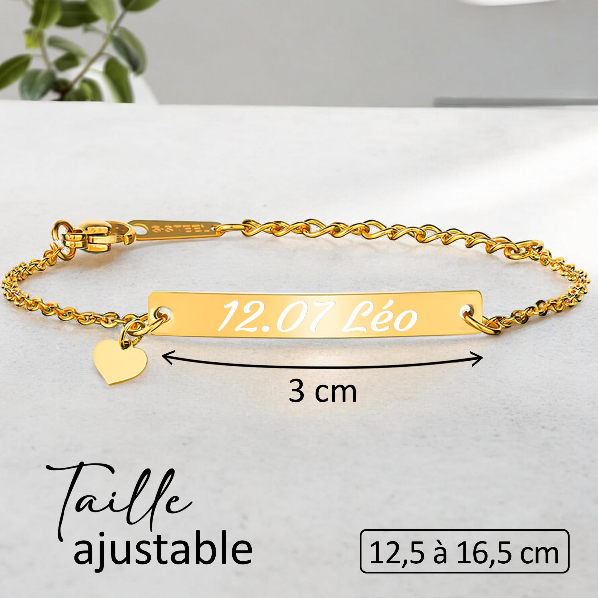 KDO MAGIC - Gourmette bébé personnalisable - Bracelet enfant personnalisé - Gourmette avec prénom gravé - Doré ou argenté - Cadeau bébé, enfant, cadeau de naissance, baptême (Doré)