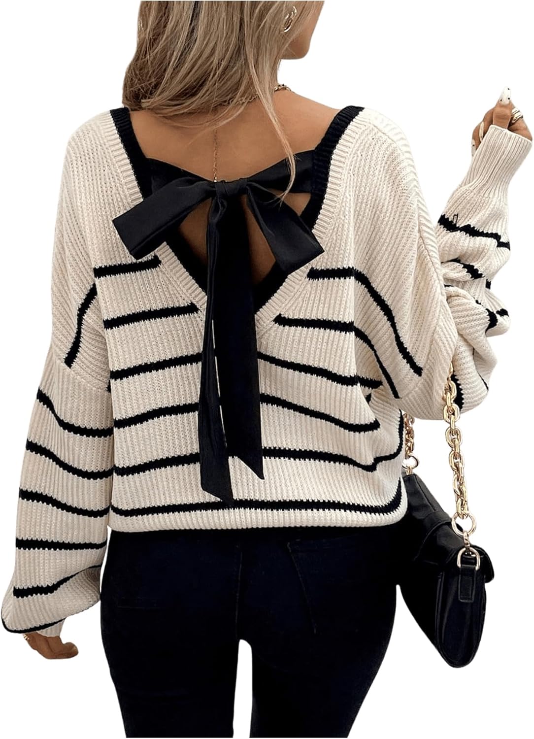 WDIRARA Women's Bow Sweaters Long Sleeve Backless V Neck Oversized Knit Pullover Sweater