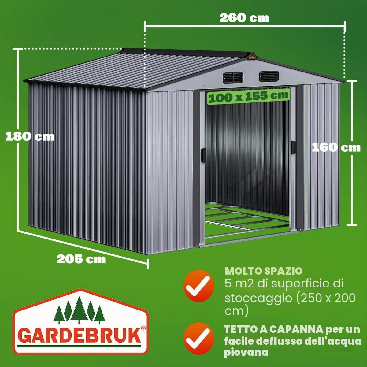 GARDEBRUK® Casetta per Attrezzi da Giardino Capanno in Metallo da Esterno 5m² con Base 260x205x180cm Capannone XXL