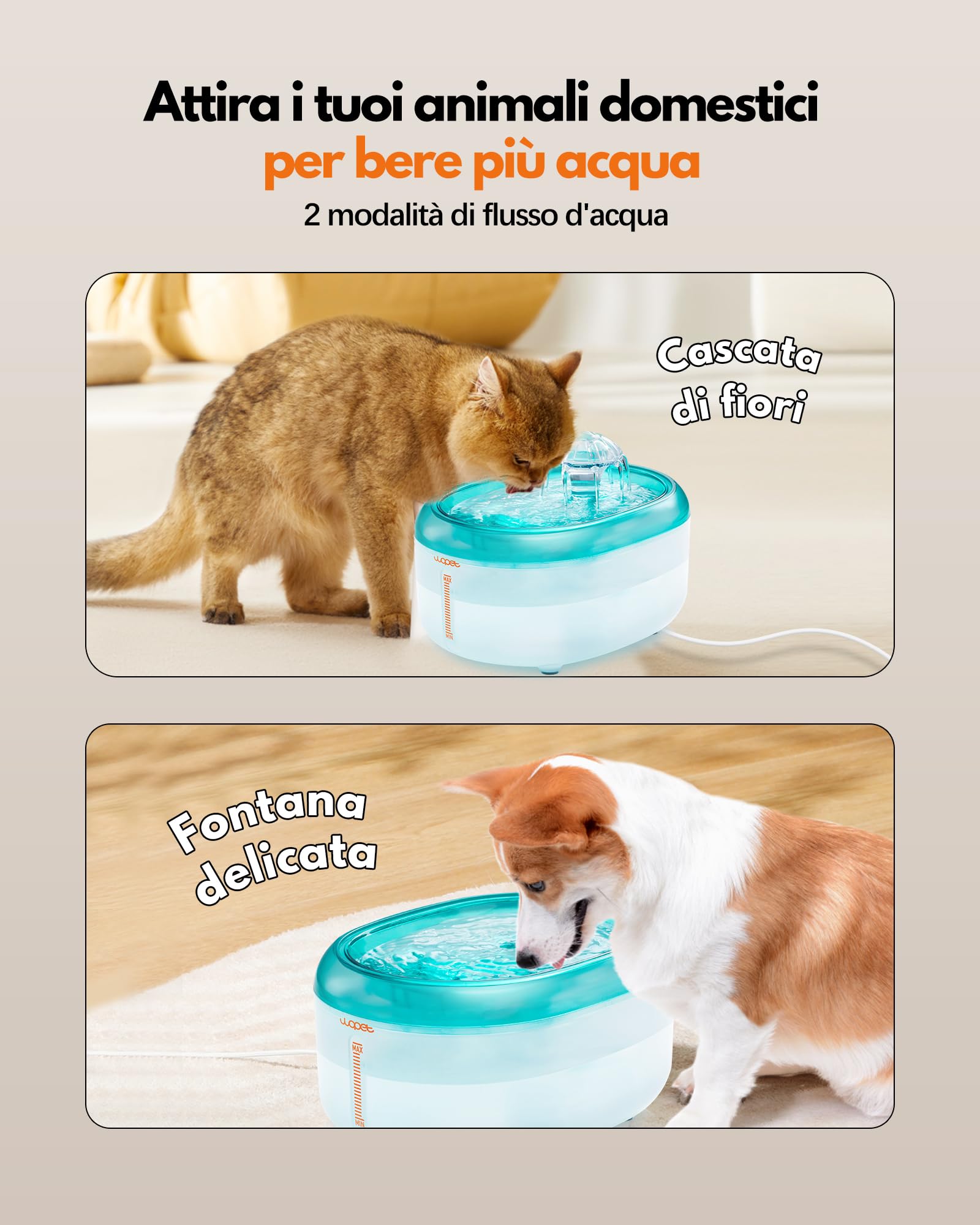 Wopet W300 Fontanella per Gatti con Filtraggio Vero, 2L Dispenser Acqua Gatti Automatico Ultra Silenzioso con Ciotola senza BPA e Filtri a 6 Stadi di Filtraggio(Verde Bianco)
