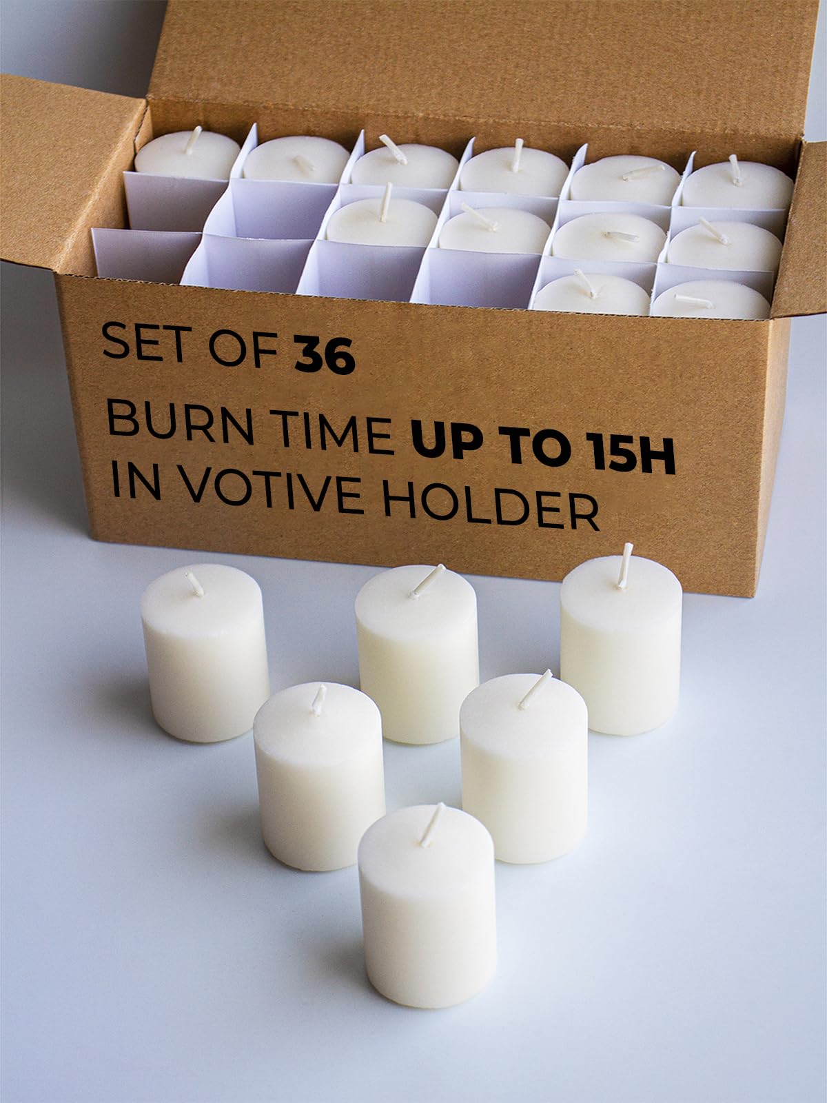 Ivory Votive Candles Set of 36 Unscented Smokeless 15 Hour in Votive Holder