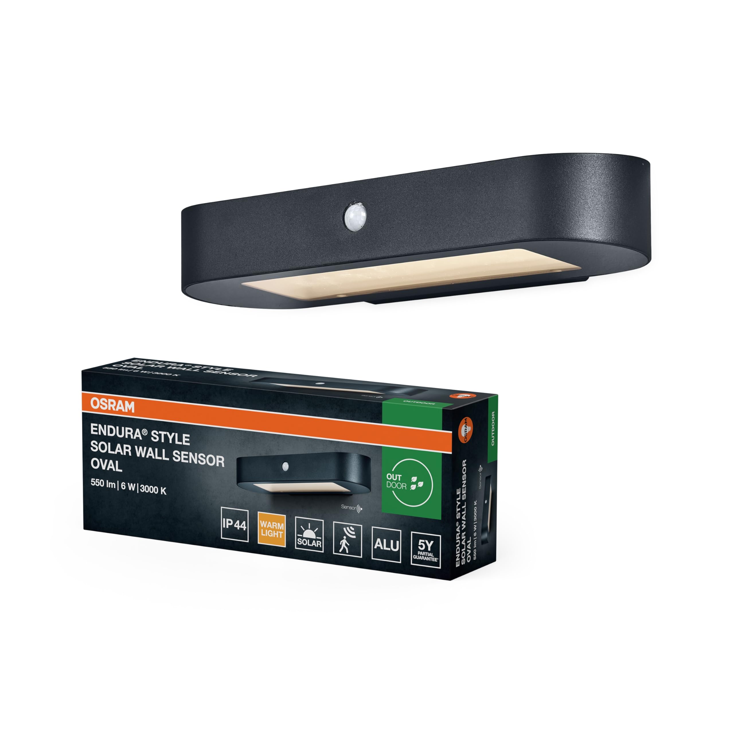 OSRAM ENDURA Style Owalny kinkiet solarny, ciepłobiałe światło (3000K), zintegrowany czujnik, możliwość pracy bez zasilania, długa trwałość baterii: 30 razy 60 sekund w trybie PIR, stopień ochrony