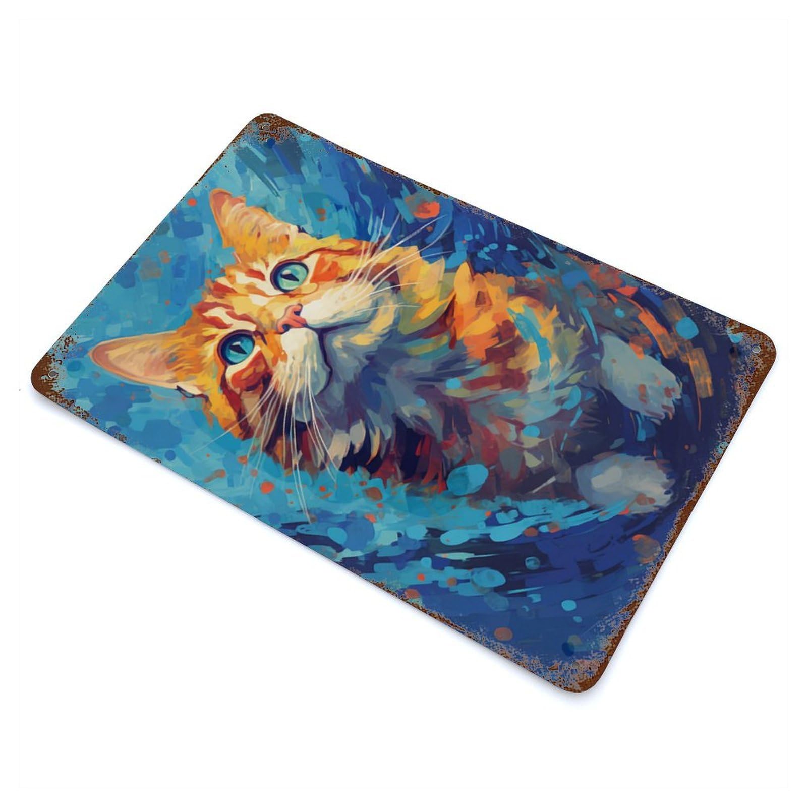 Underwater Cat Rusty Metal Tin Sign 11.8"x7.9", Industrial Home Decor for Garage, Pub Or Kitchen