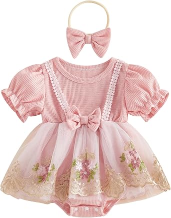 Newborn Baby Girls Summer Clothes Frill Neck Floral Embroidery Layered Tulle Romper Dress Headband Girl Outfits