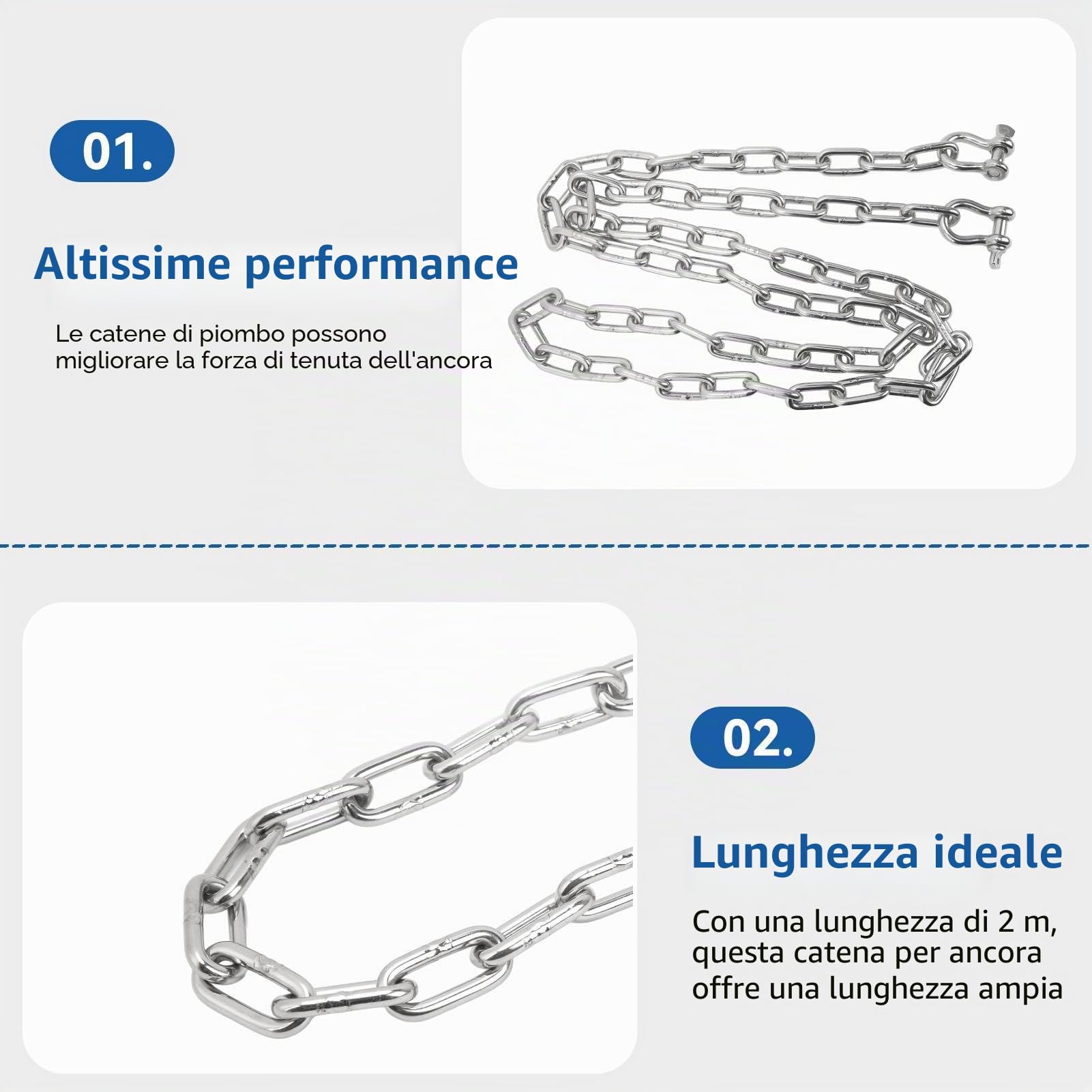 Catena per Ancora per Barche Catena per Ancora in Acciaio Inossidabile 316 da 6,6 Piedi con Doppio Anello di bloccaggio da 5/16" Grilli estremità di Collegamento Grado Marino per