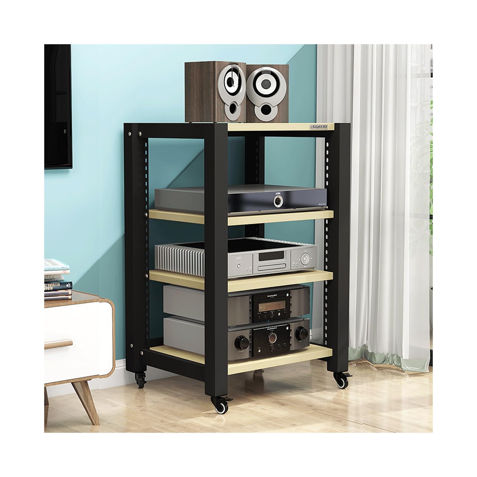Stojak multimedialny AV z kółkami Stojak HiFi Regulowane półki do przechowywania Stojak Audio Drewniany stojak Wieża Stereo Mobilna wieża do odtwarzacza CD Konsola do gier wideo