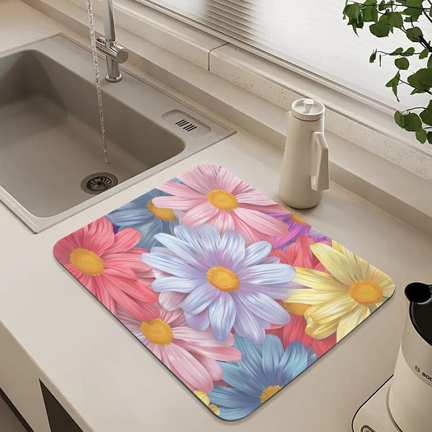 Dish Drying Mat 20 x 24 Inch with Non Slip Rubber Backed, Daisy (2) Dish Drying Pad Dish Rack Pad Drainer Mat for Kitchen Counter Coffee Bar, L