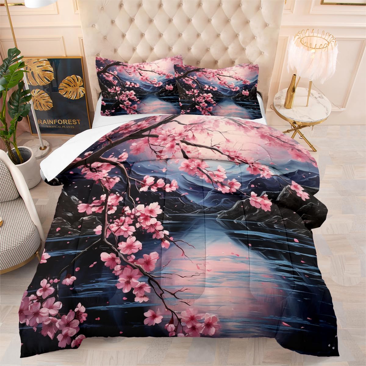 Cherry Bedding Set Queen Size,Black and Pink Comforter Set for Girls,Cherry Blossom Down Alternative Comforter,Modern Aesthetics Japanese Decor Comforter 3Pcs Soft Lightweight