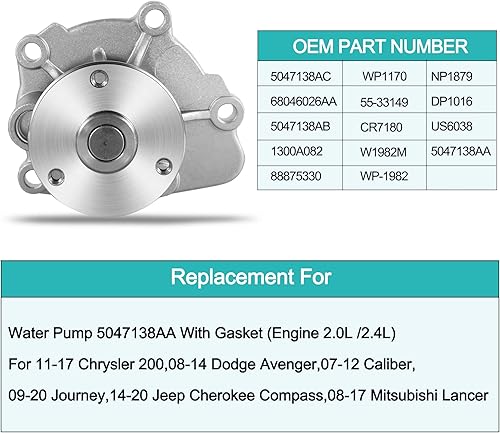 Miniatura 5 de AULINK AW6038 Bomba de agua 5047138AA con junta (motor 2.0L 2.4L) para Chrysler 200,08-14 Dodge Avenger, calibre 07-12, viaje 09-20, Jeep Cherokee