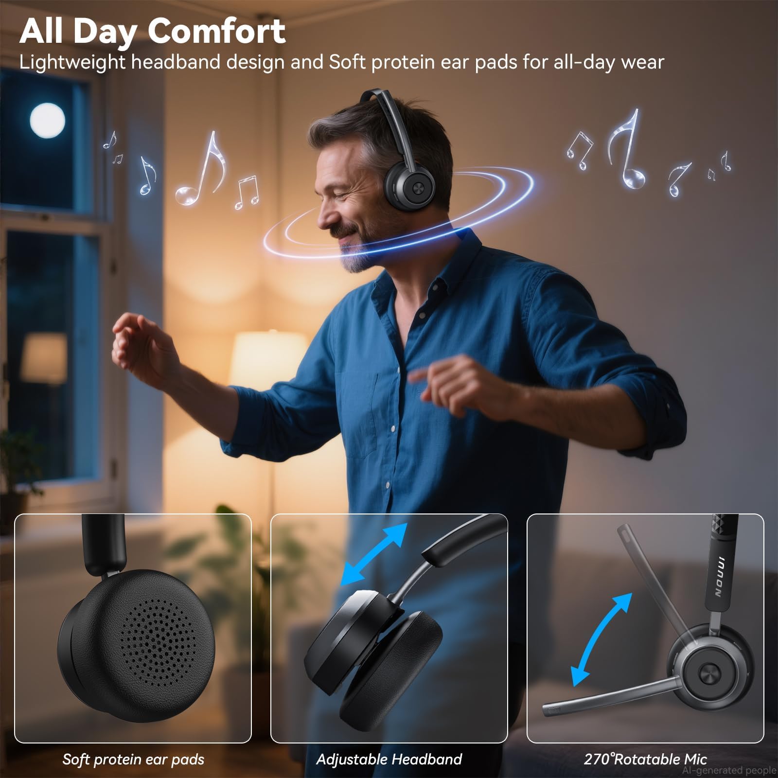 Cuffie wireless con microfono per lavoro, cuffie wireless con microfono (cancellazione del rumore e pulsante muto), batteria 65H con base di ricarica, cuffie Bluetooth con microfono per PC/Call Center
