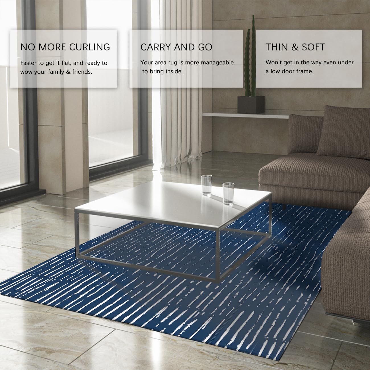 180x210cm Descente de lit Bleu marine Rayures abstraites Poils courts