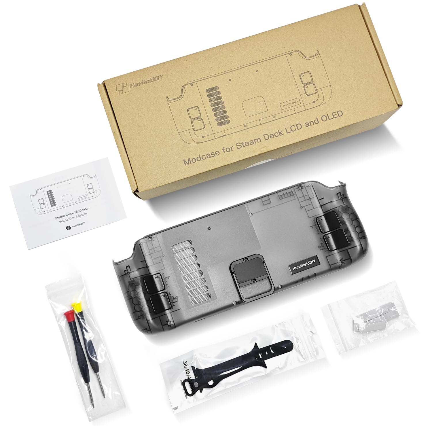 Modcase de refrigeración para Steam Deck LCD/OLED, accesorios de placa trasera translúcida con soporte plegable, carcasa de gestión del calor, fácil instalación con herramientas (negro)
