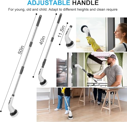 Miniatura 5 de Limpiador eléctrico giratorio, cepillo limpiador de ducha inalámbrico con extensión ajustable, 9 cabezales de limpieza reemplazables, limpiador de