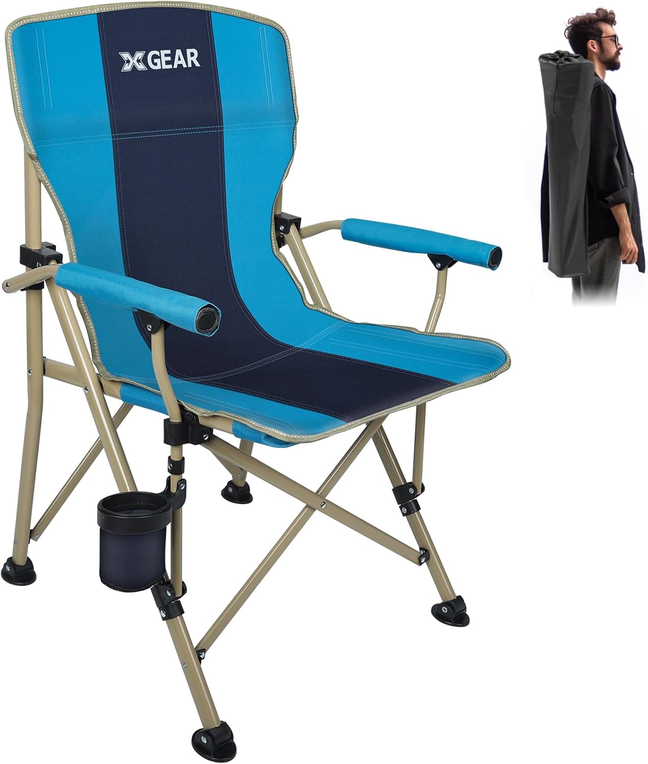 XGEAR Camping Chair with Padded Hard Armrest, Sturdy Folding Camp Chair with Cup Holder, Storage Pockets Carry Bag Included, Support to 400 lbs 1-light Blue
