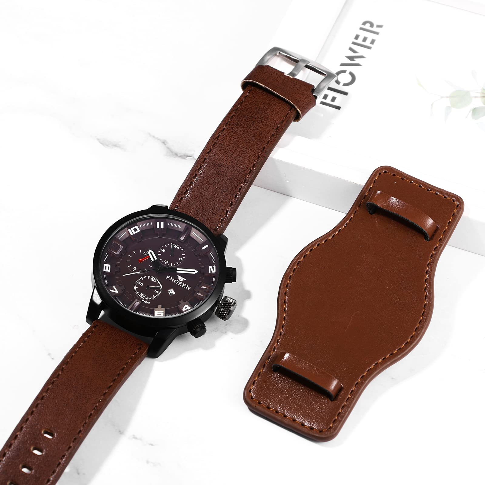 JewelryWe Herrenuhr Analog Quarz Datum Kalender Punk Militärische Armbanduhr Herren 30m wasserdichte Militär Sport Uhr mit Echtleder Leder Armband