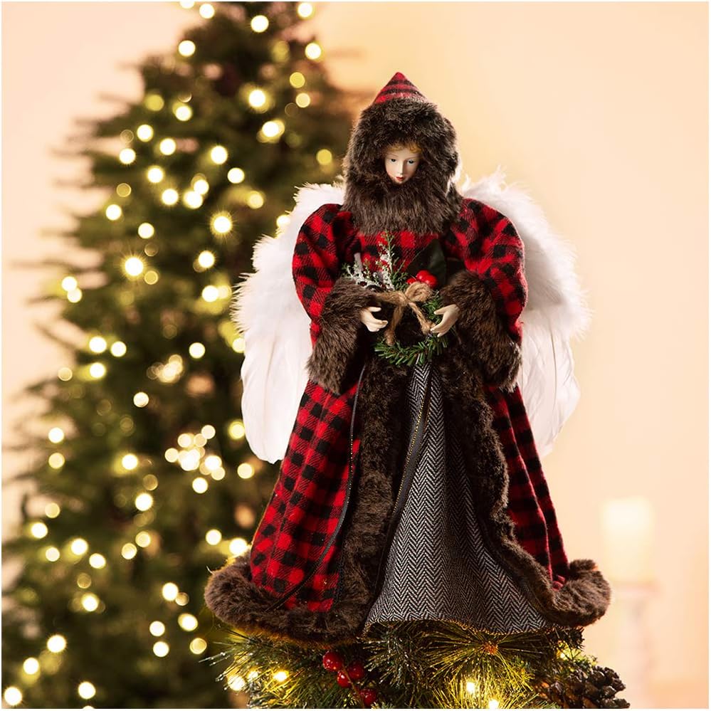 Plaid Angel Christmas Tree Topper with Fur Detailing