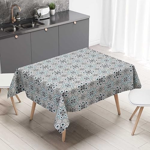 Mantel geométrico para mesa, rectangular, color gris pálido, decoración azul, lavable, resistente al agua, 54 x 72 pulgadas