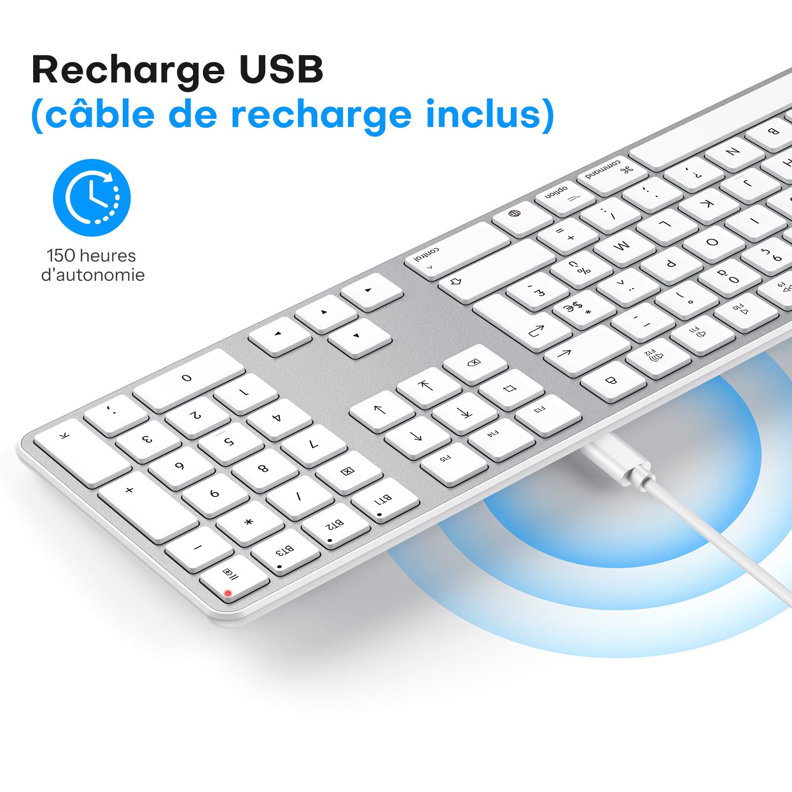 OMOTON Kit Clavier et Souris sans Fil Bluetooth pour Mac AZERTY, Argent | Rechargeable avec 3 Canaux Bluetooth, Clics Silencieux, Ultra Slim, pour Apple Mac Pro/Mini, MacBook Neo/Air, iMac, iMac Pro
