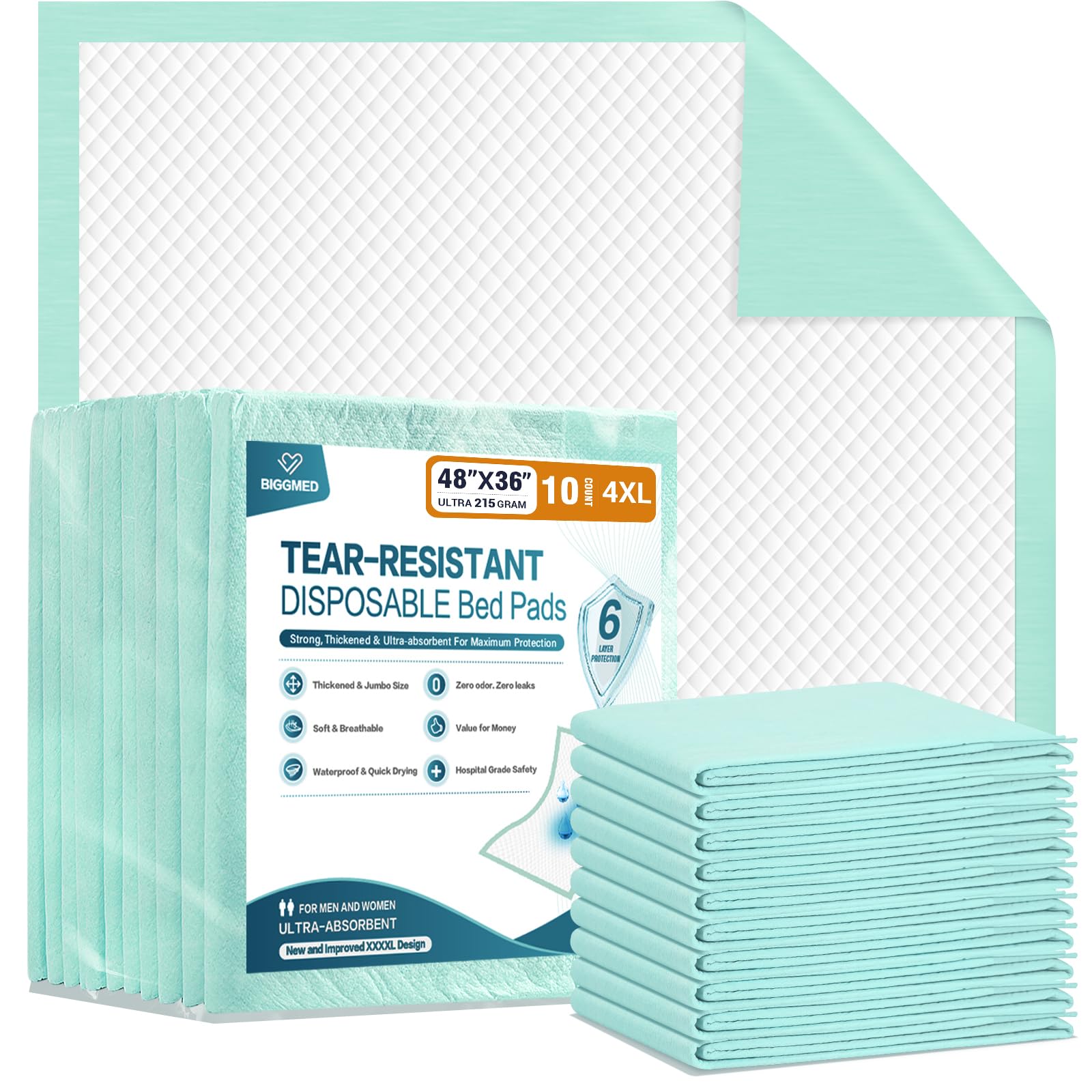 Tear-Resistant Bed Pads Disposable 48" X 36" Extra Large 215 Gram Heavy Duty Absorbency Chucks Pads Disposable Adult Thickened Pee Pads for Adult Elderly Puppy Pads for Training, 10 Pads