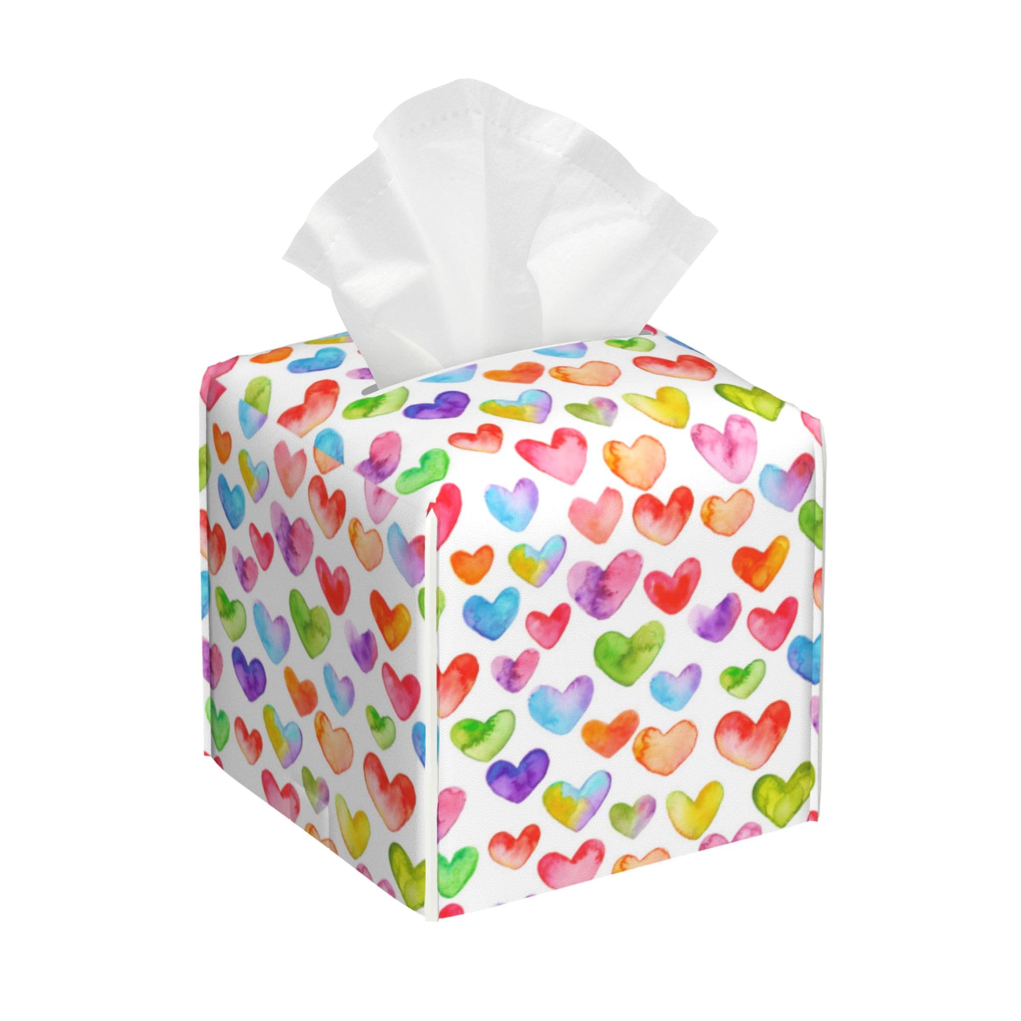 Watercolor Square Tissue Box Cover Colorful Hearts Tissue Box Holder Facial Cube Paper Dispenser Leather Decorative Organizer Home Office Desk Decor 5.2"x5.2"x5.2"