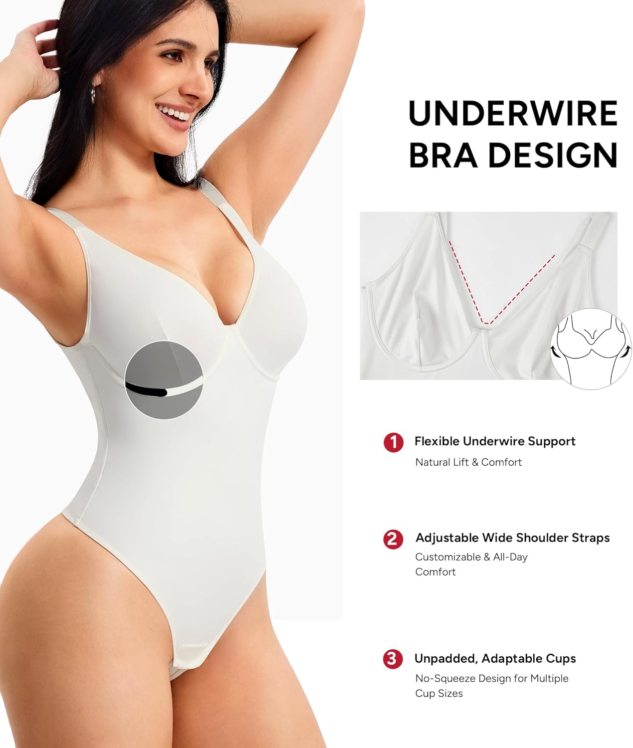 Nebility Shapewear Bodysuits for Women Tummy Control Body Shaper Deep V Neck Thong Body Suits (White,Large) - Image 2