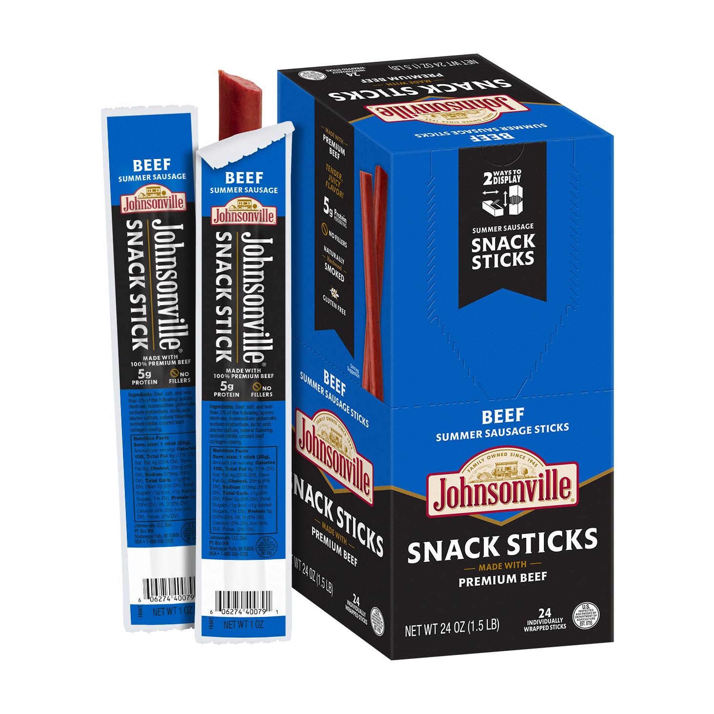 Johnsonville Summer Sausage Snack Sticks - Dairy Free, Gluten Free Protein Snacks, Jerky Snack Packs - Beef, 1 oz., 24-Pack