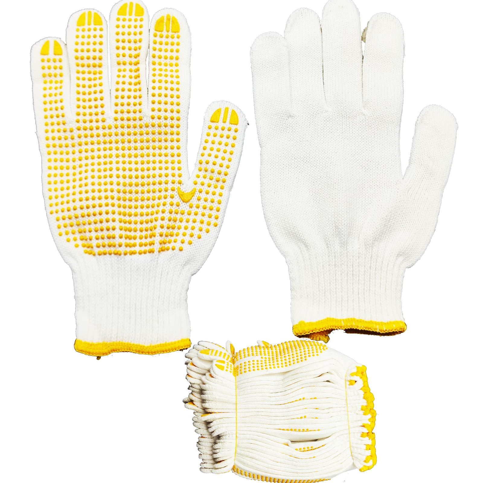 YEVTAHT 12 Pairs Grip Safety Work Gloves with Anti-slip Dots - Bulk Moist Cotton Knit Gloves for Garage, Warehouse, Construction (Yellow)