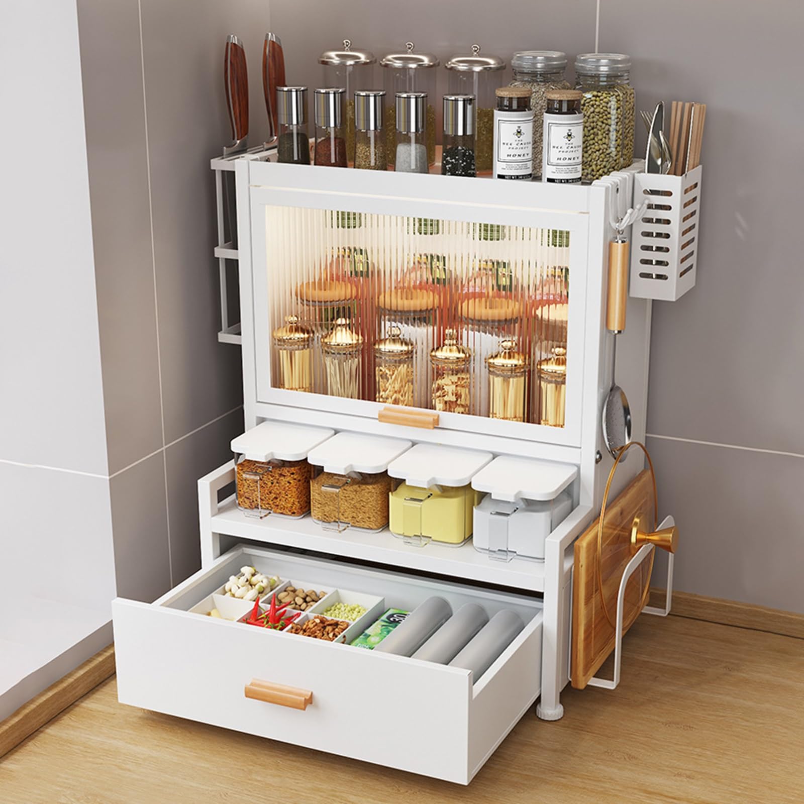 2/3 Livelli Grande capacità Barattoli di Spezie Cucina Rack, Organizzatore da Banco in Metallo con Coperchio Flip Inserito, Piedi Regolabili, per Armadio da Banco(Weiß,3 Layers)