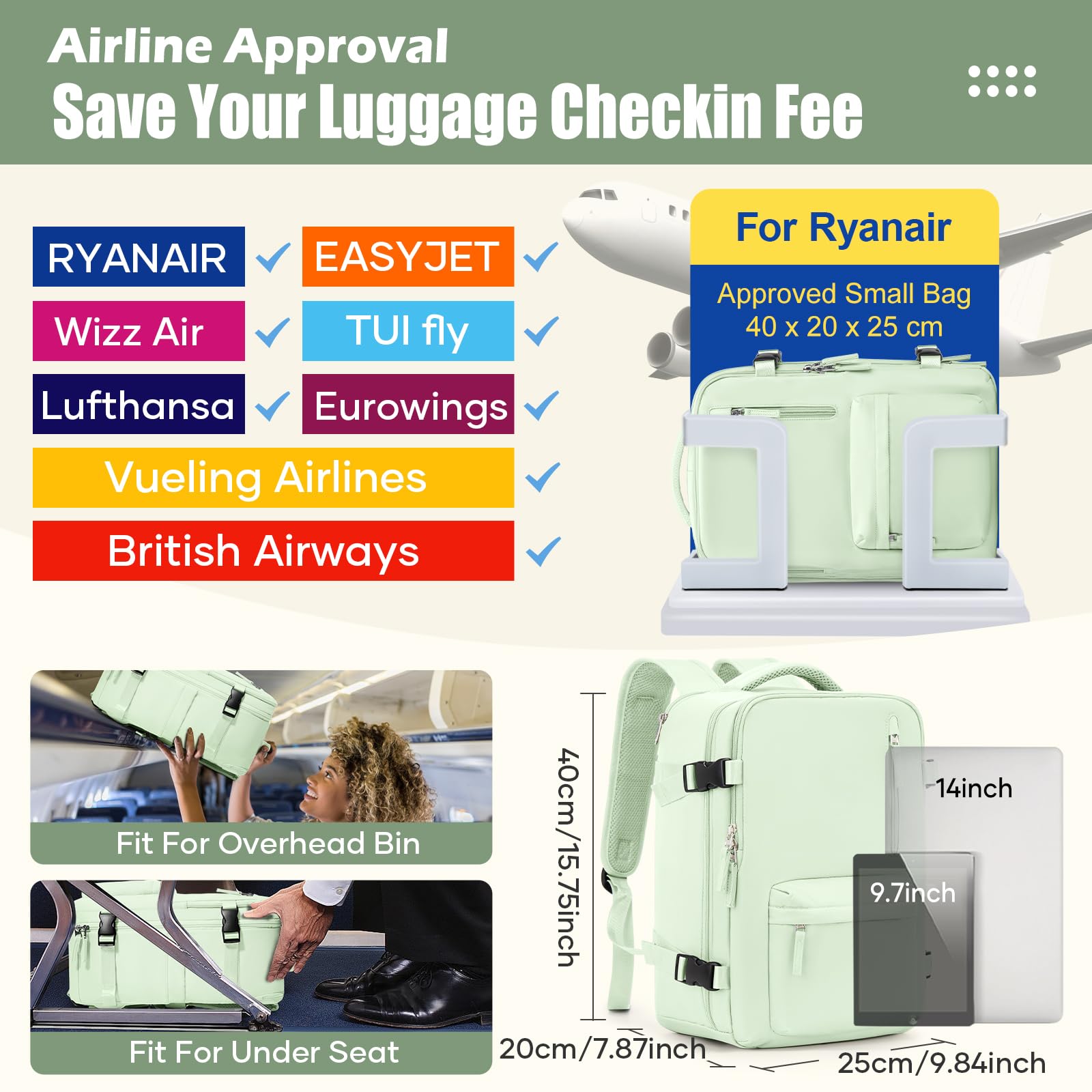 SZLX Zaino Ryanair 40x30x20 Sottovuoto con pompa Zaino Ryanair 40x20x25 Sottovuoto Bagaglio a Mano 40x30x20 Wizzair Zaino da Viaggio 45x36x20 Easyjet Donna Zaino Casual Laptop 14 Pollici Impermeabile