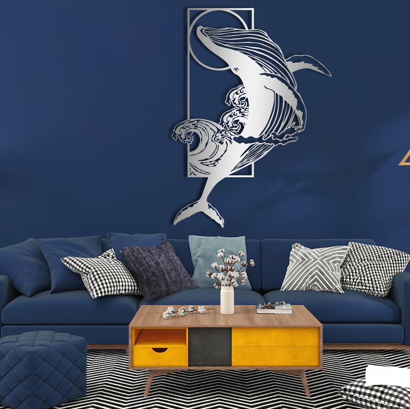 Nowoczesna minimalistyczna dekoracja ścienna z metalu - niebieski wieloryb, sztuka oceaniczna, rzeźba do salonu, sypialni, łazienki (czarny, 90 x 66 cm)