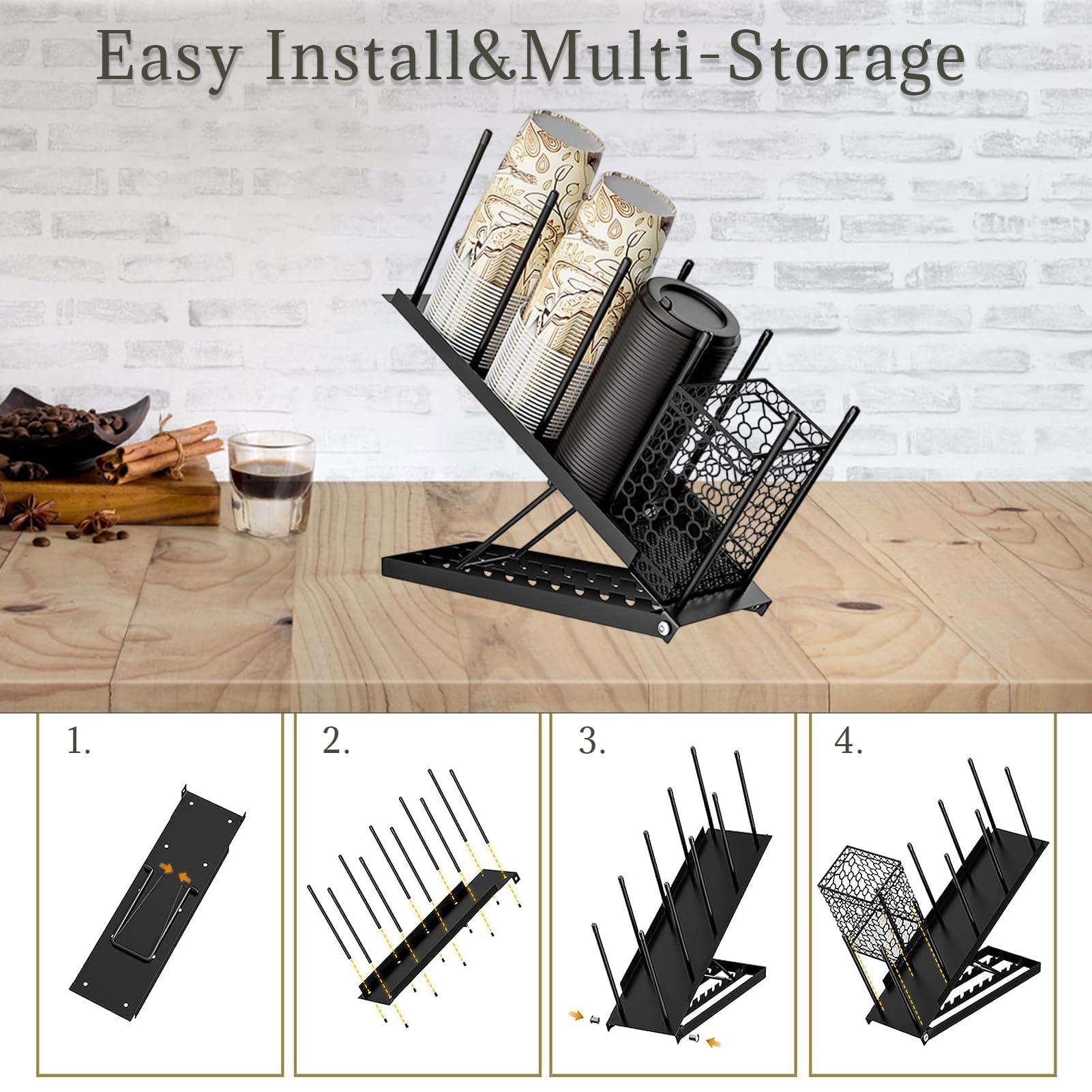 Tefola Soporte para tazas y tapa, dispensador de tazas de café desechable de 4 compartimentos, dispensador de tazas de papel, soporte de almacenamiento para estación de café, bar, encimera, sala de