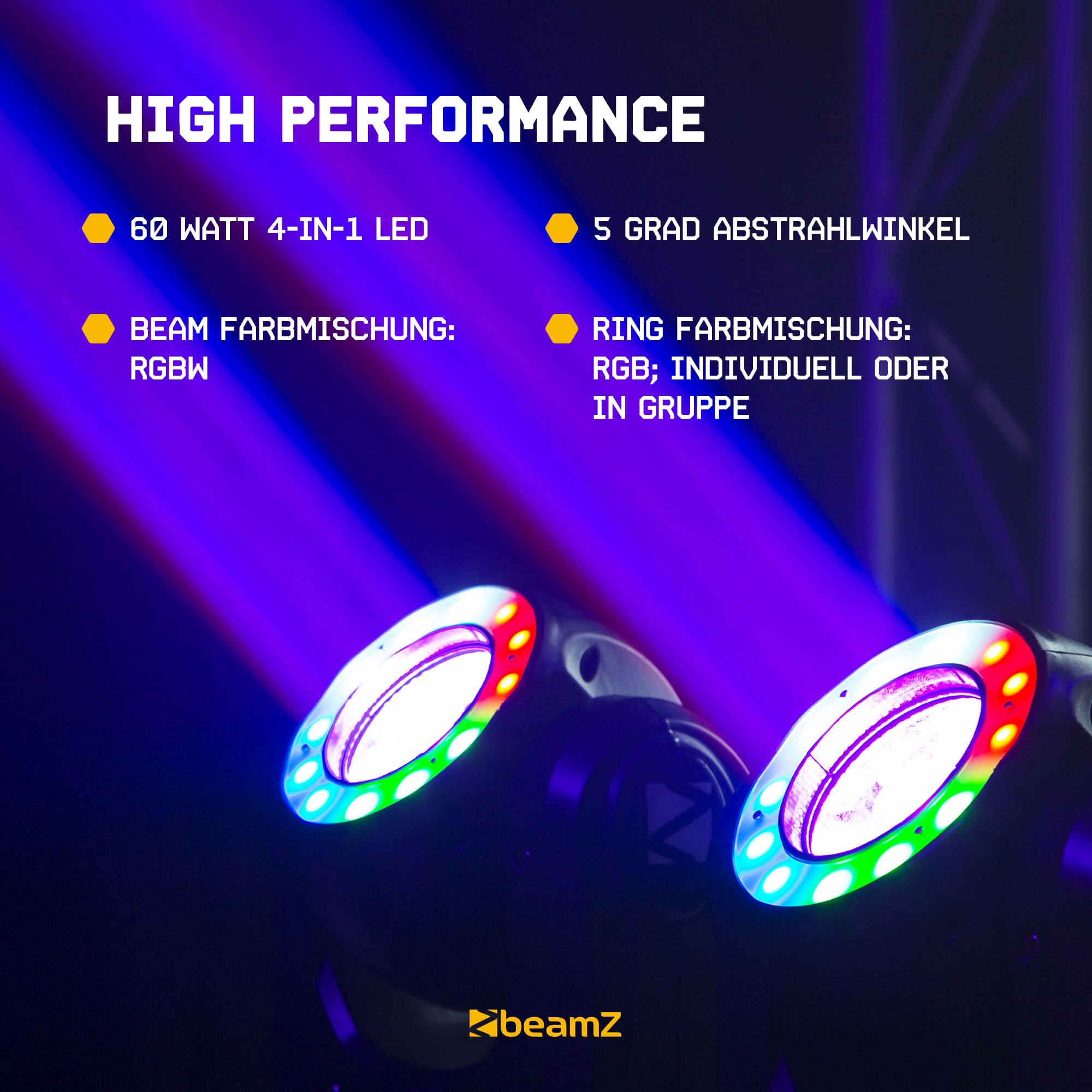 BeamZ Panther 60R Moving Head LED mit LED-Ring, 60 Watt, Bühnenlicht, Bühnenbeleuchtung, DMX Licht, Lichtanlage Musikgesteuert, Disco Licht, Bühnenscheinwerfer, DJ Lichtanlage - Schwarz