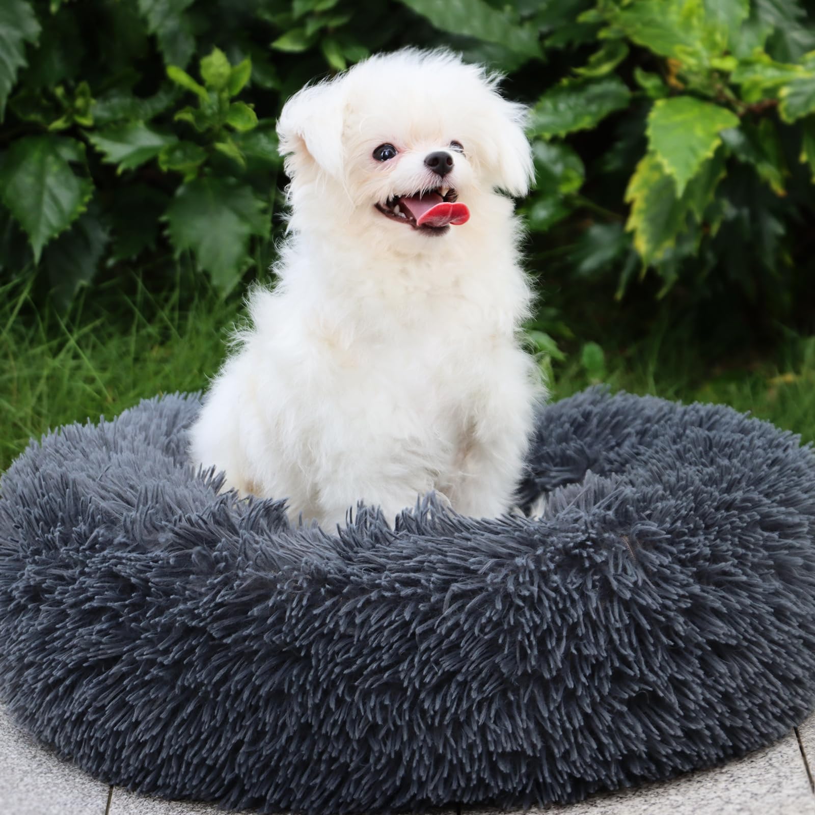 MDDK DY 50cm Plush Donut Cat Bed for Indoor Cats - Machine Washable & Non-Slip Small Dog Bed, Soft Orthopaedic Support, Dark Grey - Image 4