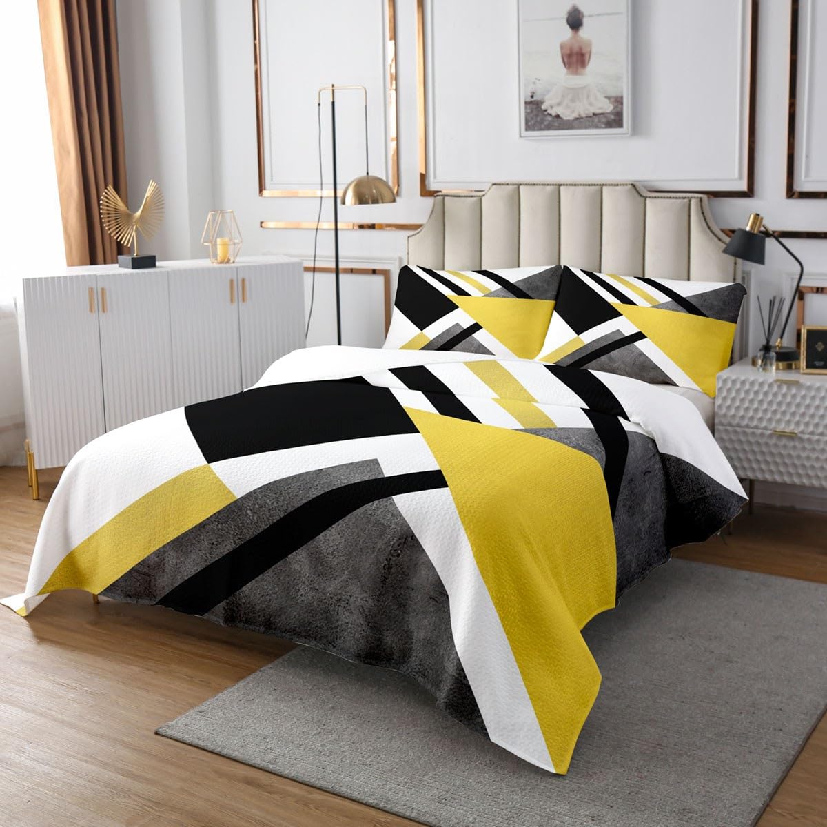 Feelingyou Boys Modern 02 Yellow And Gray Design Bedspread Set Double Size For Kids, Girls Stripe Geometry Quilt Set Modern Art Bedspread Coverlet Geometric Bedspread 3 Piece Decorative Bedding Quilted With 2 Pillow Shams