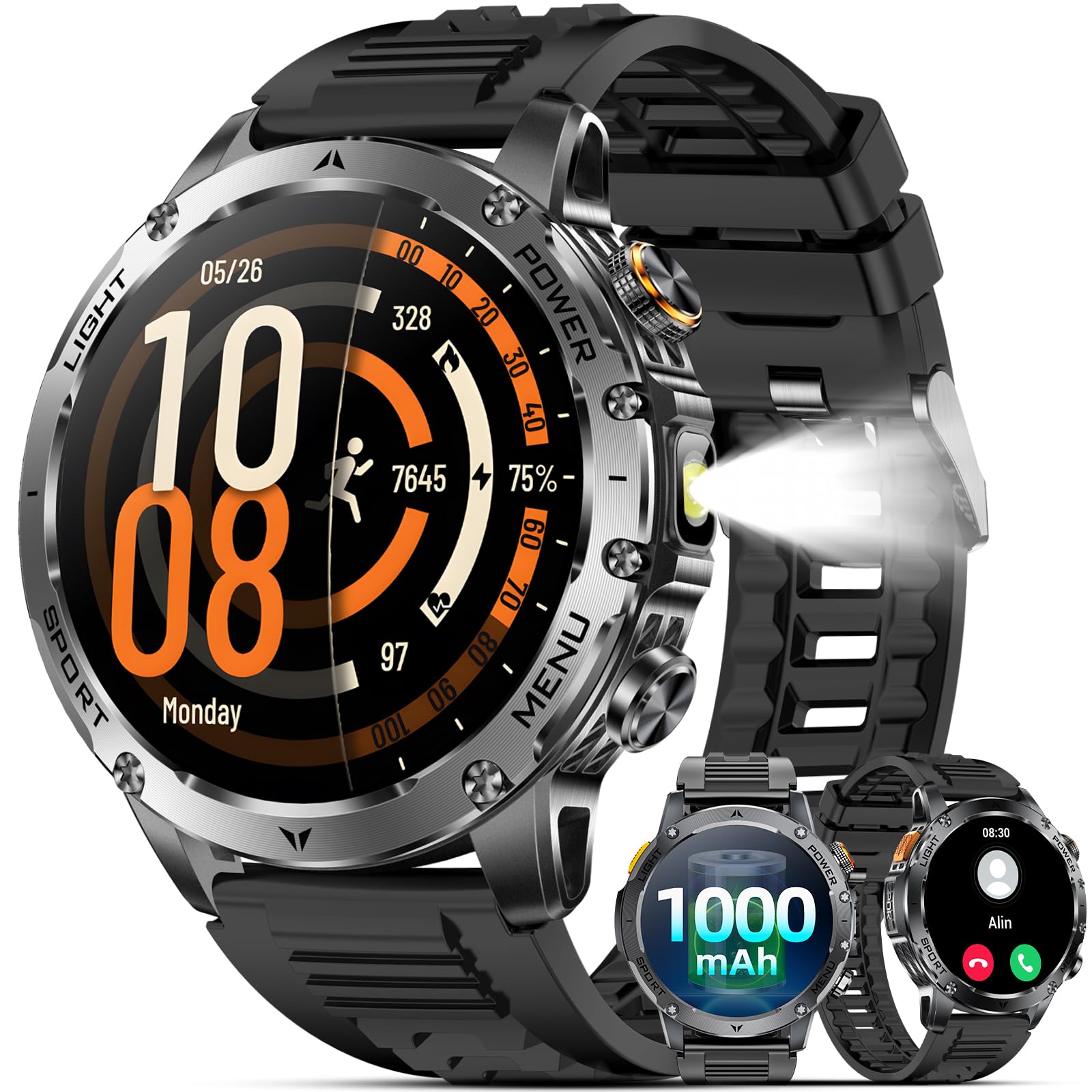 Karchilor Smartwatch Uomo Militare con 1000mAh/Chiamate/Torcia LED, 1,7" HD Smart Watch Orologio con 100+ Modalità Sportive, 5ATM, Sonno, SpO2, Notifiche Messaggi, Fitness Tracker Android iOS