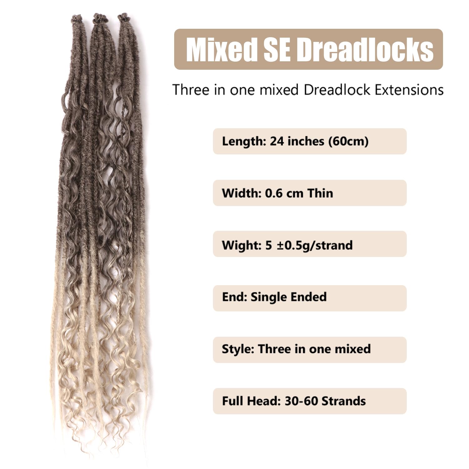 24 Inch Synthetic Dreadlock Extensions Hippie Single Ended Dreads 0.6 cm Width Loc Extensions Reggae Style Crochet Hair for Women (T1B/Grey - Image 2