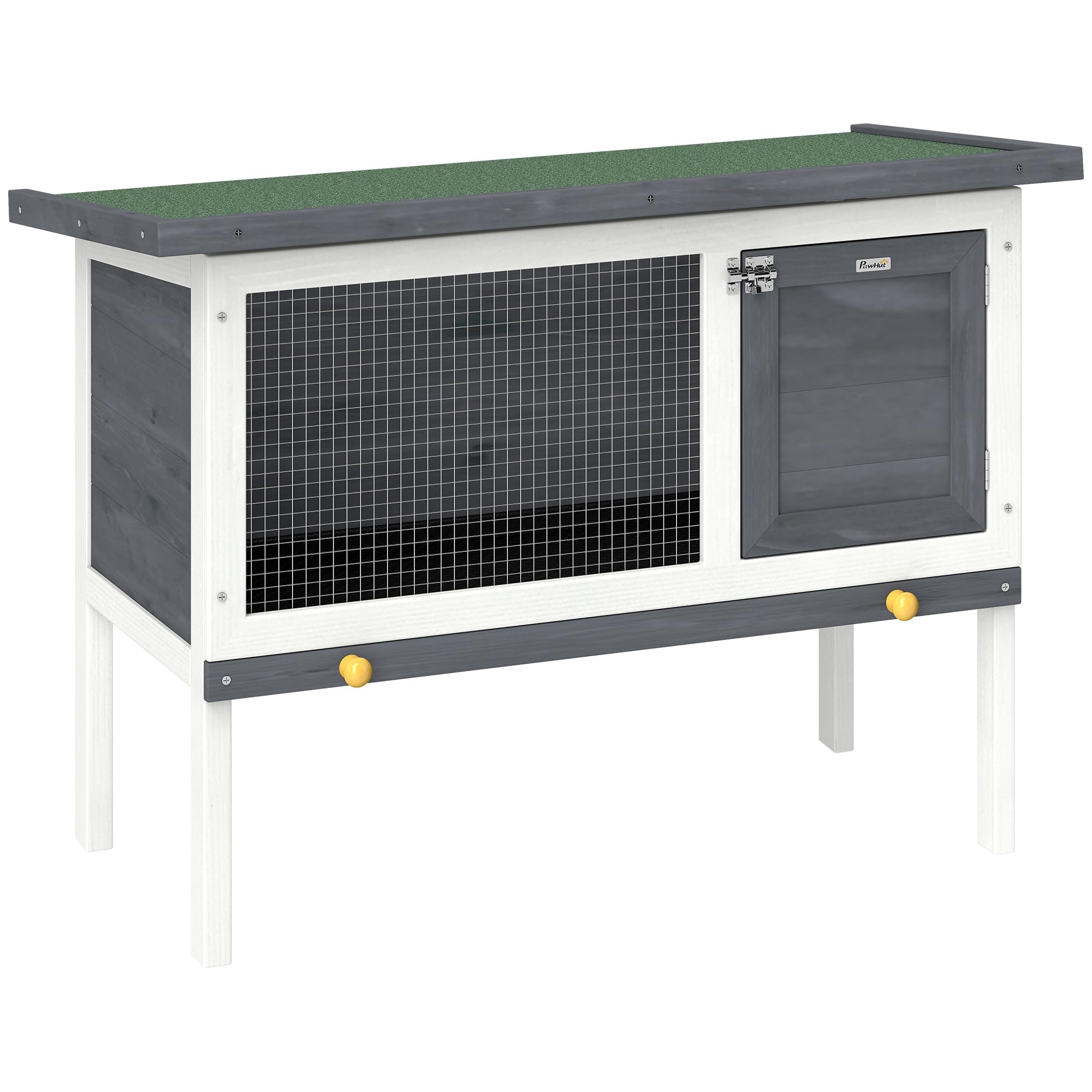 PawHut Conejera de Madera, Jaula para Conejos Medianos con Techo Asfáltico Abatible, Bandeja Extraíble, Puerta con Pestillo, Conejera Elevada Exterior, para Cobayas y Chinchillas, 90x45x65 cm, Gris
