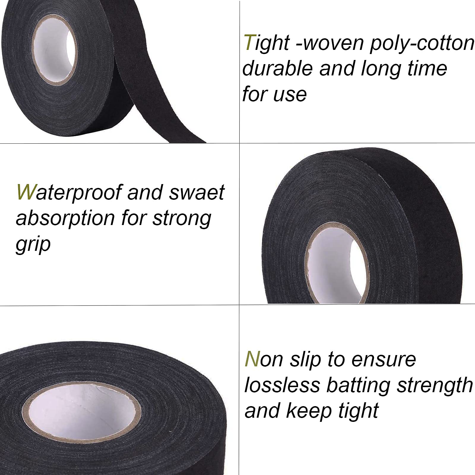 Nastro Antiscivolo Per Impugnature Sportive | 25 Metri | Poli-Cotone | Per Hockey, Tennis, Racchette | Nero