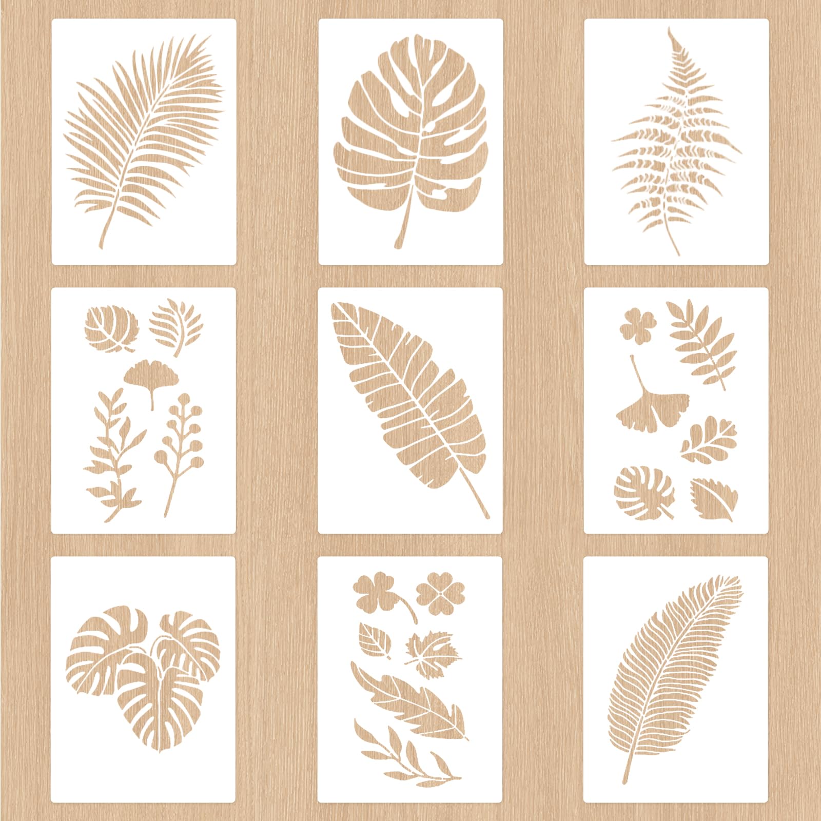 Set di 9 Grandi Stencil piante, Stencil per Disegno Botanico, 40x30 cm, Stencils Foglie Tropicali in Plastica per Fai Da Te, Legno, Mobili, Scrapbooking, Decorazione Parete, Tessuto, Riutilizz